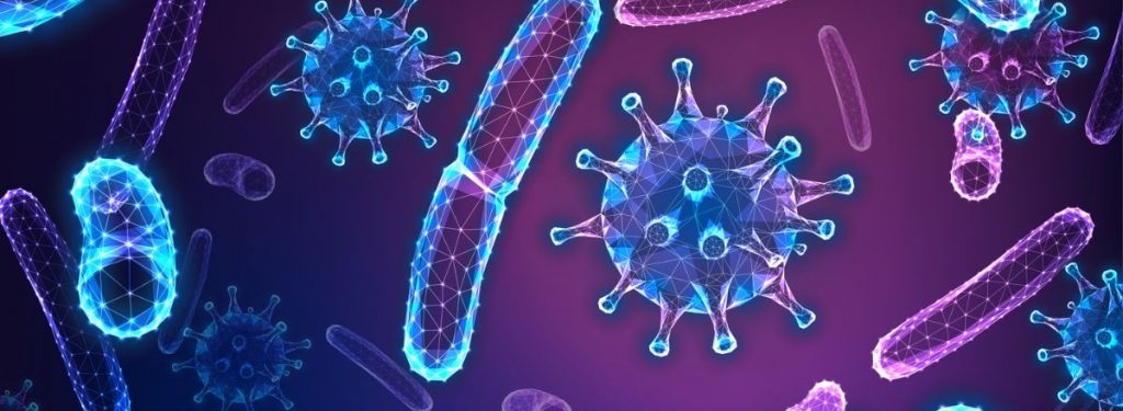 Illustration of bacteria and viruses under a microscope