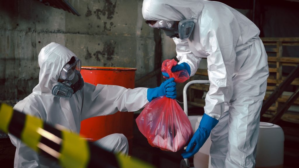 Specialist biohazard remediation workers in full PPE bagging solid waste during the bulk removal phase of a decontamination exercise