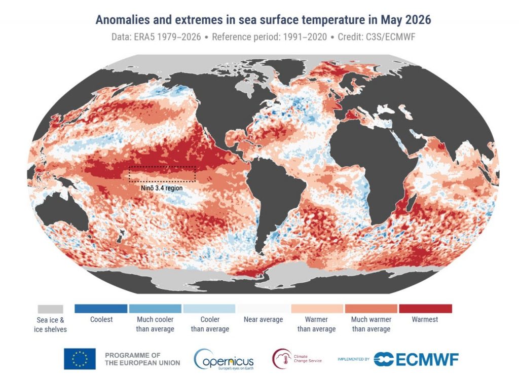 A world map showing sea surface temperature anomalies for May 2026.