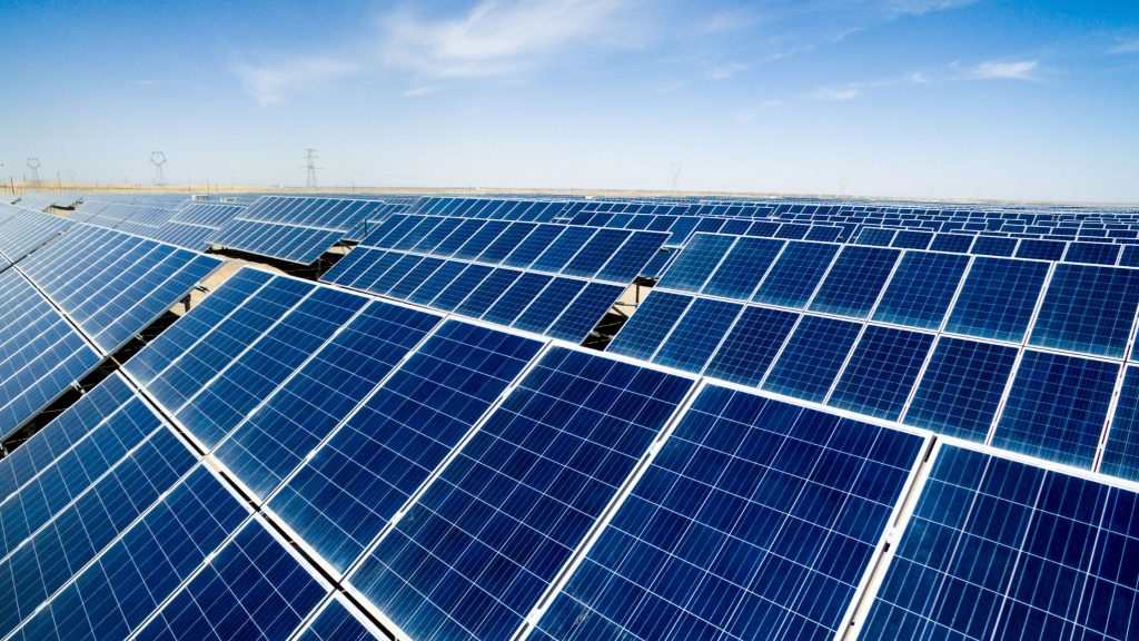 Industrial solar panels in a field